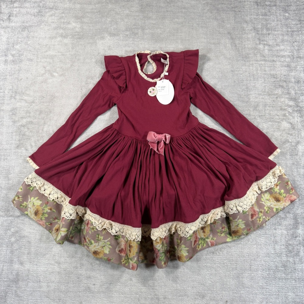 Dollcake Dress Kids 8 Red Lace Floral Aunty Betty Mini Ruffle Boutique NWT